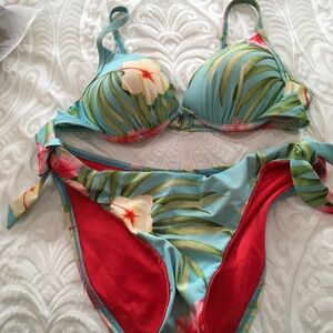 Athena Designer Tropical Floral Underwire Bikini Set in Aqua and Red